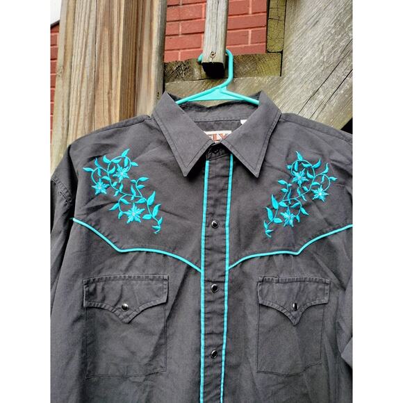 ELY CATTLEMAN XL Western Shirt - Aqua/Turquoise Floral Embroidery - Black Piping - Picture 2 of 6